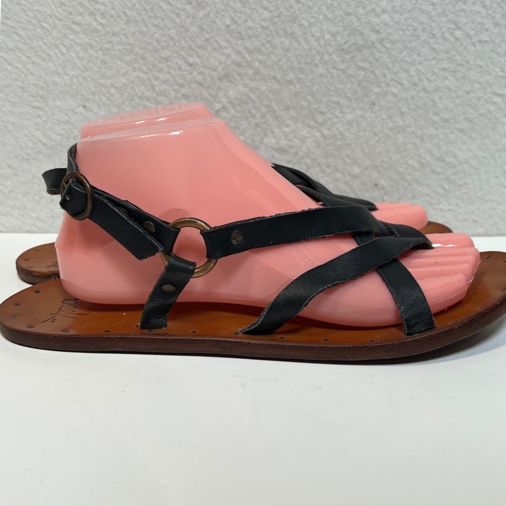 Beek Leather Strappy Sandals Black Tan Gladiator Flat Buckle Ankle Strap 9 - Picture 9 of 11